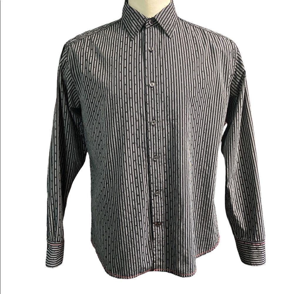 Vintage Italia Black Long Sleeve Button Front Polka Dot on Stripe Shirt Size L